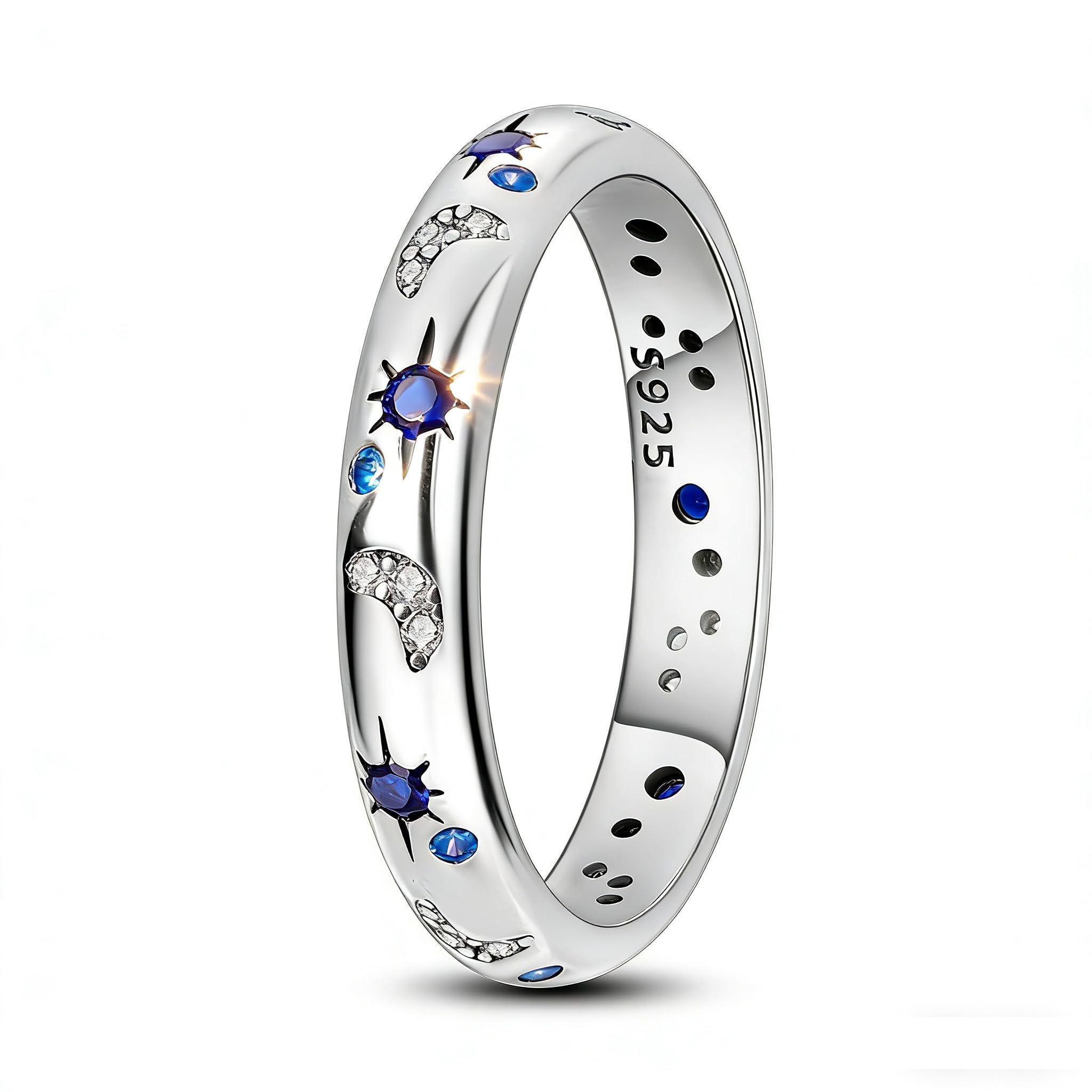 HONGRUI 925 Sterling Silver Sun Moon and Star Ring Eternity Size 5-10 Stackable Statement Sapphire Rings for Women Mother Day Christmas Jewelry Gifts